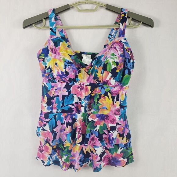 Swim Solutions Tankini Top Womens 10 Navy Multi Triple Pleat Floral D Cup 806840 - Picture 3 of 10